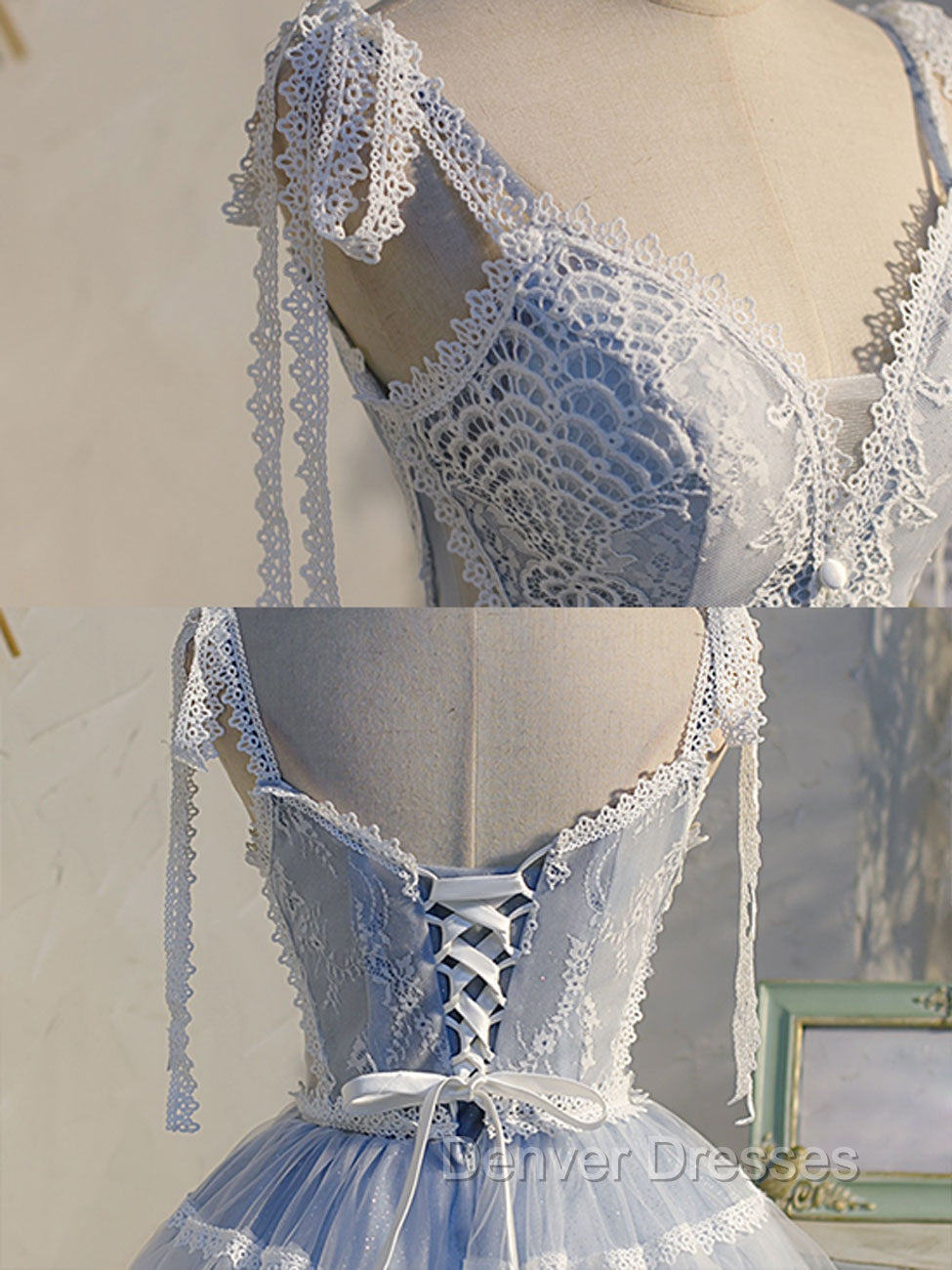 A Line V Neck Lace Blue Short Prom Dress, Blue Puffy Homecoming Dress