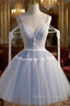 A Line V Neck Lace Blue Short Prom Dress, Blue Puffy Homecoming Dress