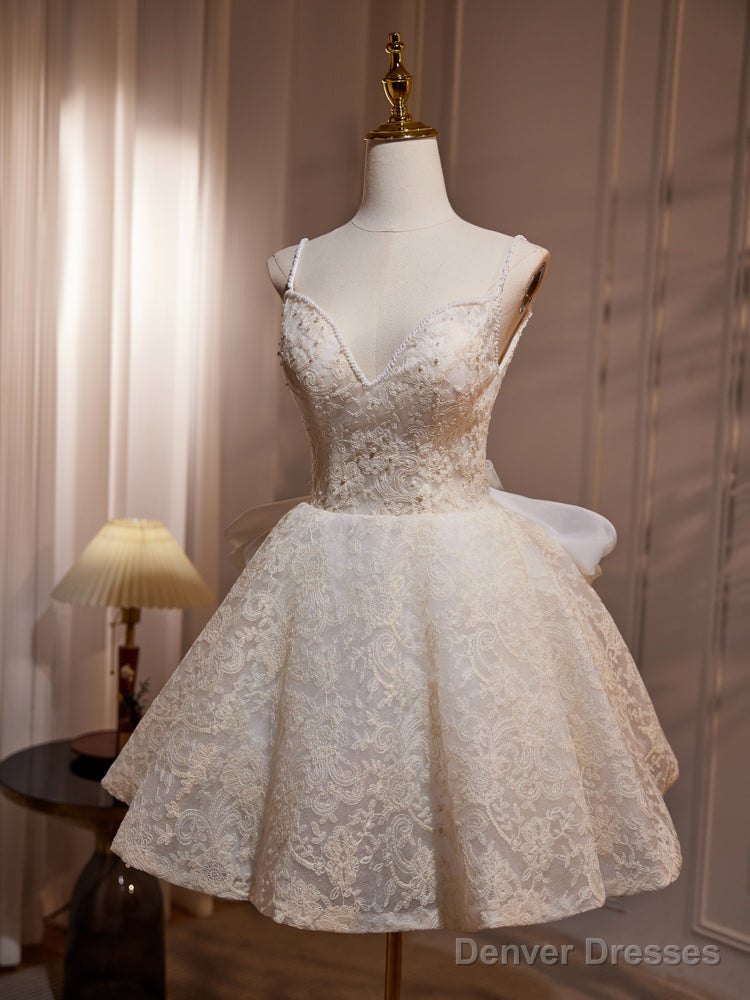 A-Line V Neck Lace Champagne Short Prom Dress, Champagne Homecoming Dress Secondary image