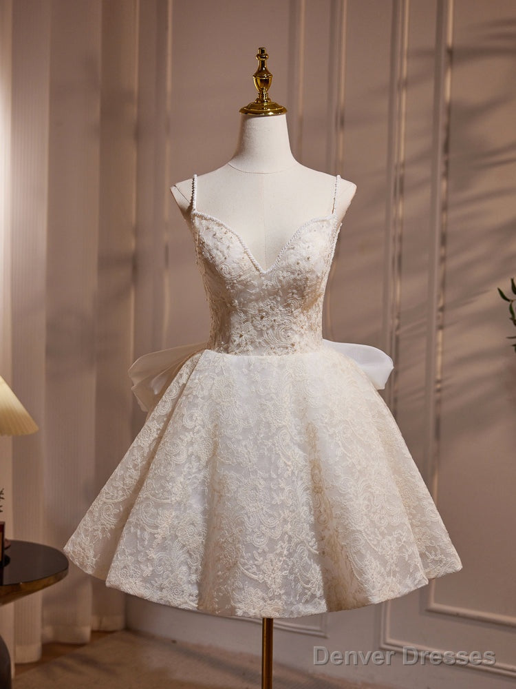 A-Line V Neck Lace Champagne Short Prom Dress, Champagne Homecoming Dress Main image
