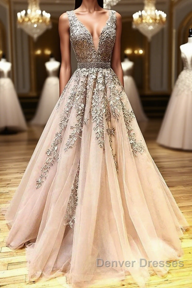 A Line V Neck Lace Champagne Tulle Long Prom Dress, V Neck Lace Champagne Formal Dress, Champagne Lace Evening Dress Main image
