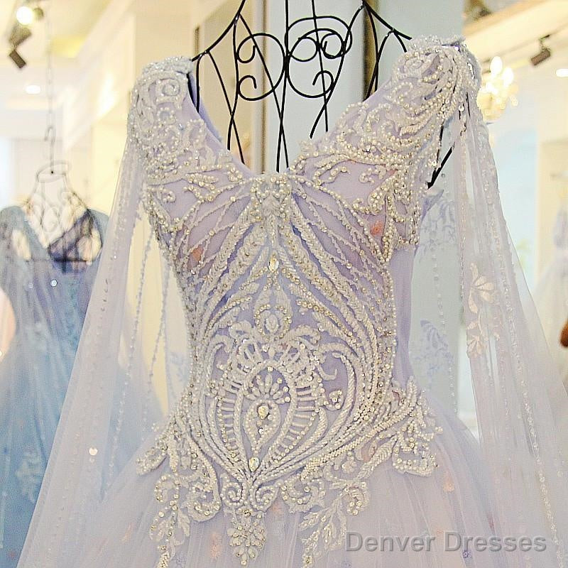 A Line V Neck Lace Crystal Beaded White/ Light Blue Wedding Dresses Floor Length Secondary image