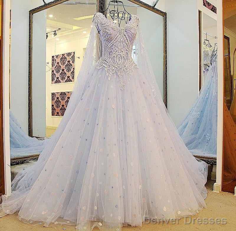 A Line V Neck Lace Crystal Beaded White/ Light Blue Wedding Dresses Floor Length