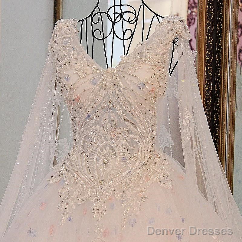 A Line V Neck Lace Crystal Beaded White/ Light Blue Wedding Dresses Floor Length Main image