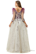 A-Line V-Neck Lace Floor-Length Long Sleeve Open Back Beading Prom Dresses