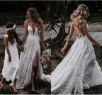 A-Line V Neck Lace Prom Dress With Split