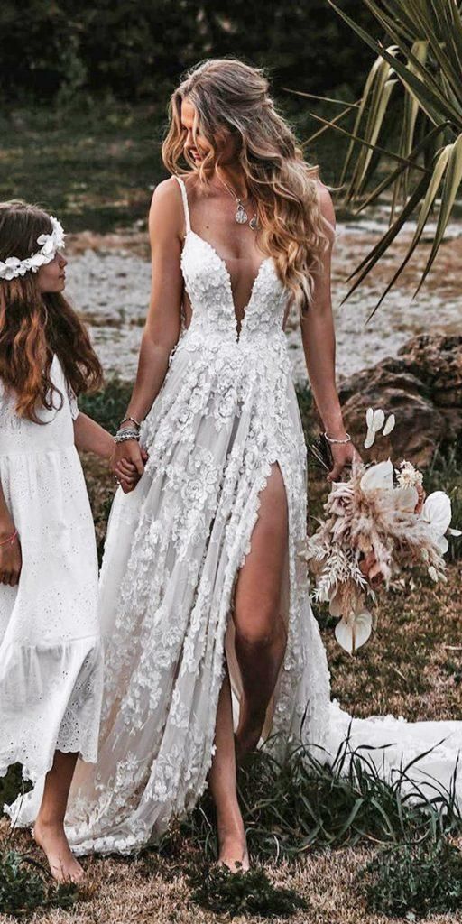 A-Line V Neck Lace Prom Dress With Split Main image