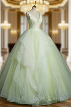 A-Line V Neck Lace Tulle Green Long Prom Dress, Green Sweet 16 Dress
