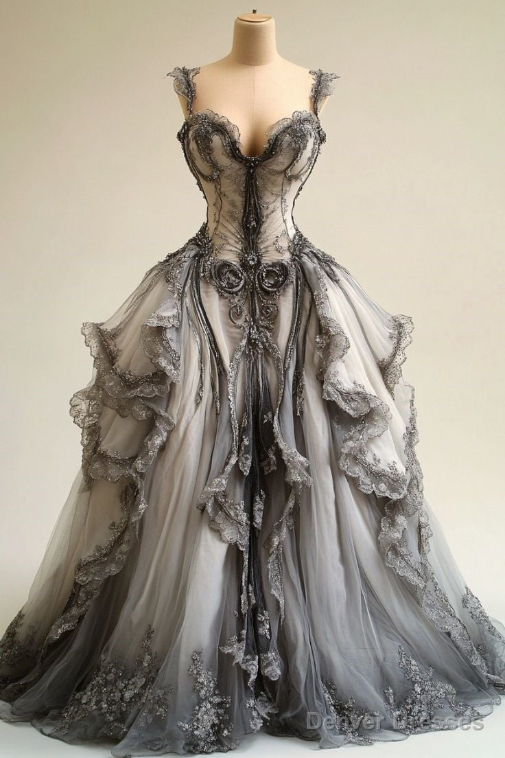 A-Line V-Neck Lace Tulle Long Ball Gown, Vintage Formal Dress