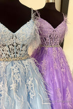 A line V Neck Lace Tulle Prom Dress with Beading and Feather