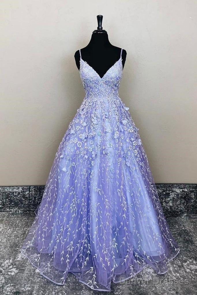 A-Line V-Neck Lavender Lace Floral Long Prom Formal Dress Main image