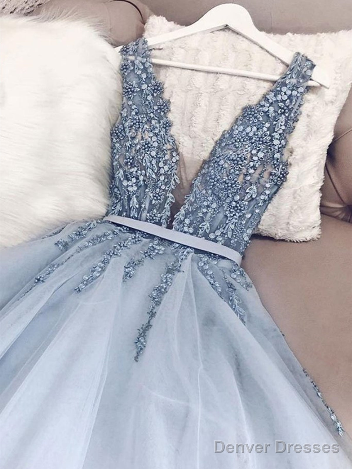 A Line V Neck Light Blue Beaded Tulle Prom Dresses Long, V Neck Long Blue Formal Evening Dresses Main image