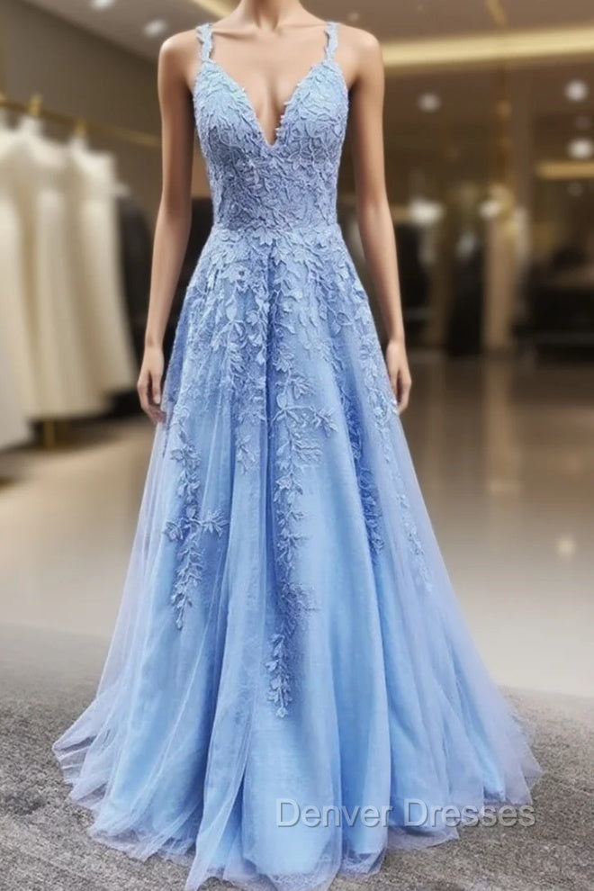 A Line V Neck Light Blue Lace Prom Dress, V Neck Light Blue Lace Formal Evening Dress
