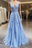 A Line V Neck Light Blue Lace Prom Dress, V Neck Light Blue Lace Formal Evening Dress