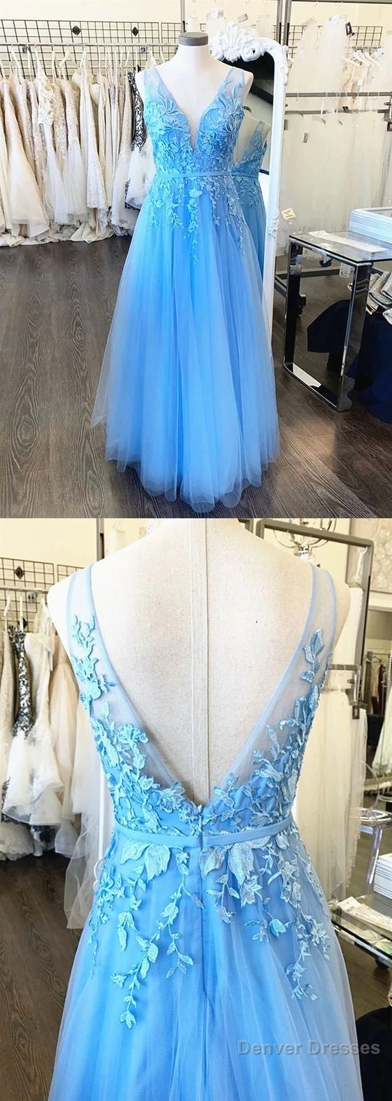 A Line V Neck Light Blue Lace Prom Dresses, V Neck Sky Blue Lace Formal Evening Dresses Secondary image