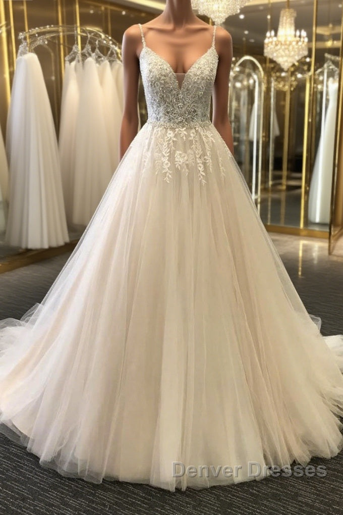 A Line V Neck Light Champagne Lace Prom Dress, Light Champagne Lace Wedding Formal Dress Main image