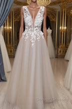 A Line V Neck Long Champagne Lace Wedding Dress, Champagne Lace Long Formal Prom Dress