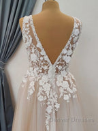 A Line V Neck Long Champagne Lace Wedding Dress, Champagne Lace Long Formal Prom Dress