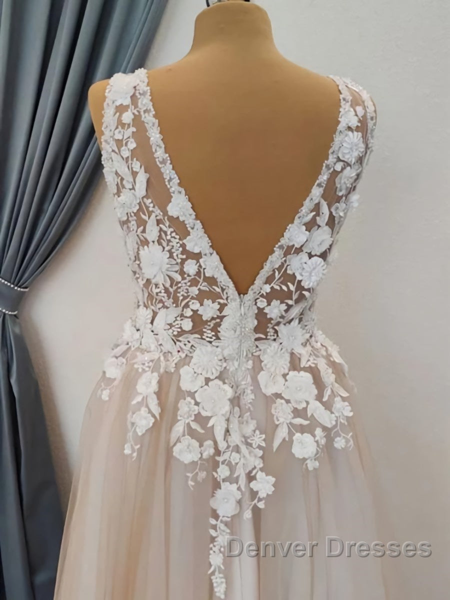 A Line V Neck Long Champagne Lace Wedding Dress, Champagne Lace Long Formal Prom Dress