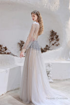 A Line V-Neck Long Sleeve Beading Tulle Court Train Prom Dresses