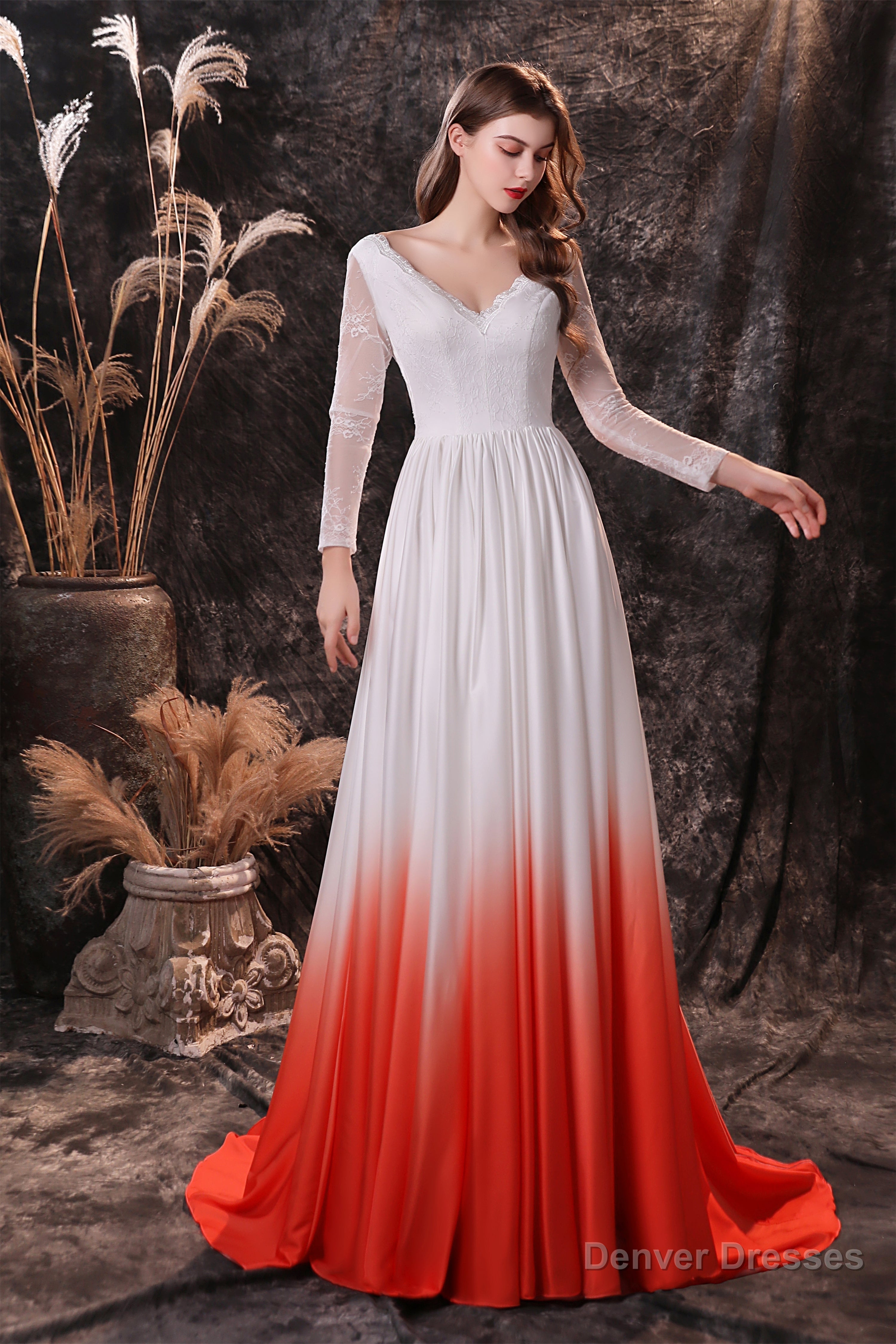 A Line V-Neck Long Sleeve Ombre Silk Like Satin Sweep Train Prom Dresses Main image