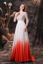 A Line V-Neck Long Sleeve Ombre Silk Like Satin Sweep Train Prom Dresses