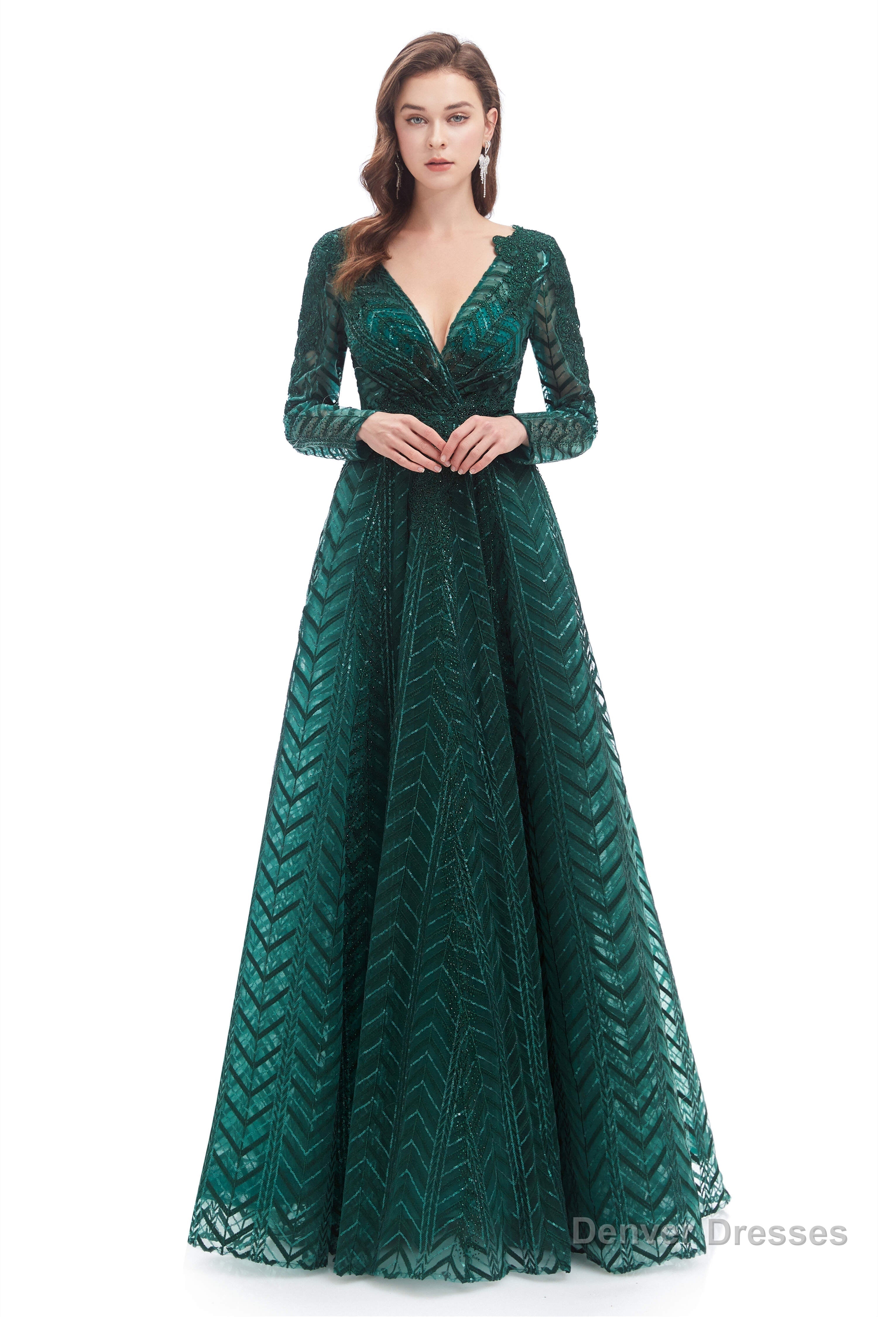 A-Line V Neck Long Sleeves Lace Long Prom Dresses Main image