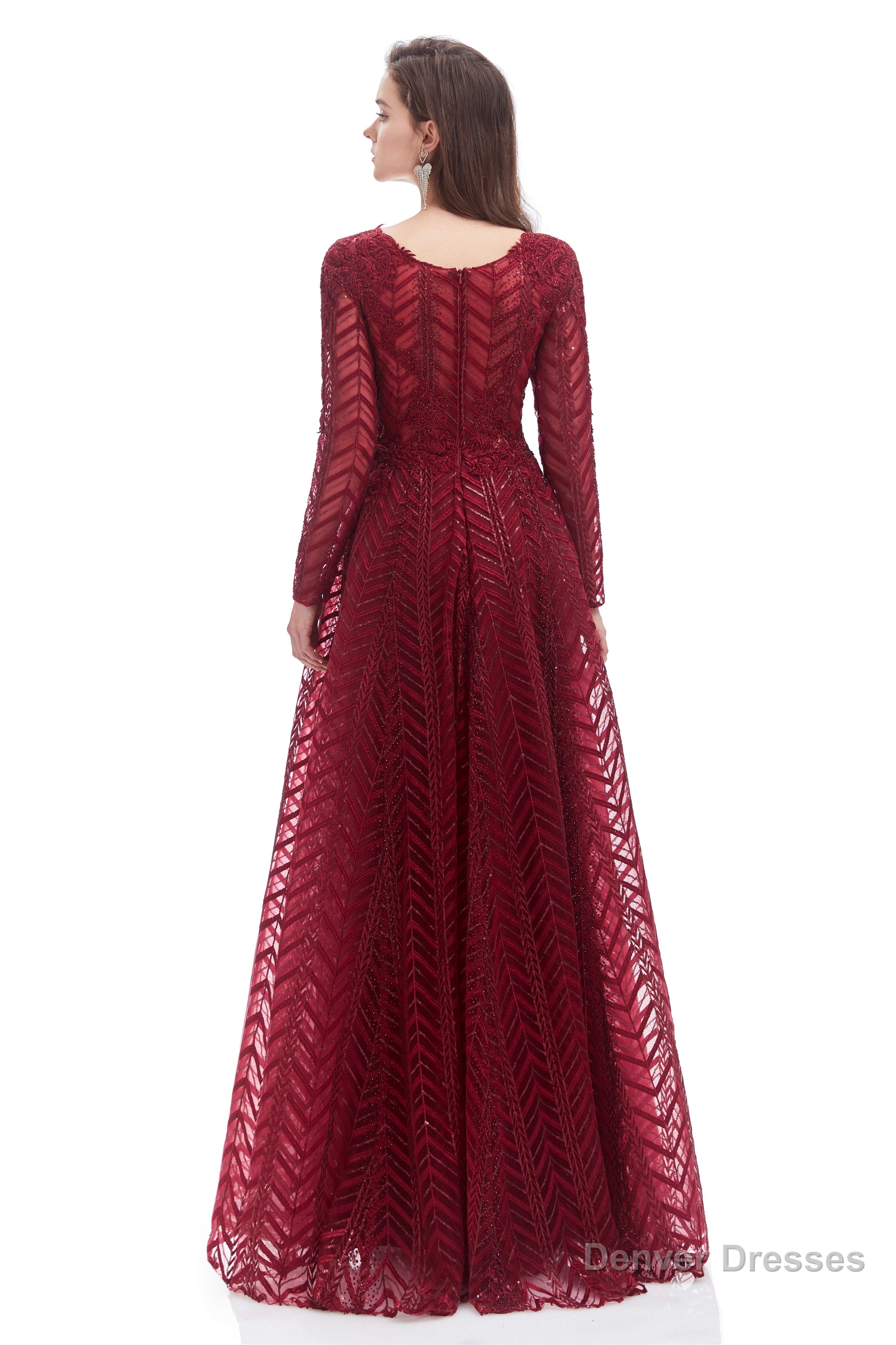 A-Line V Neck Long Sleeves Lace Long Prom Dresses