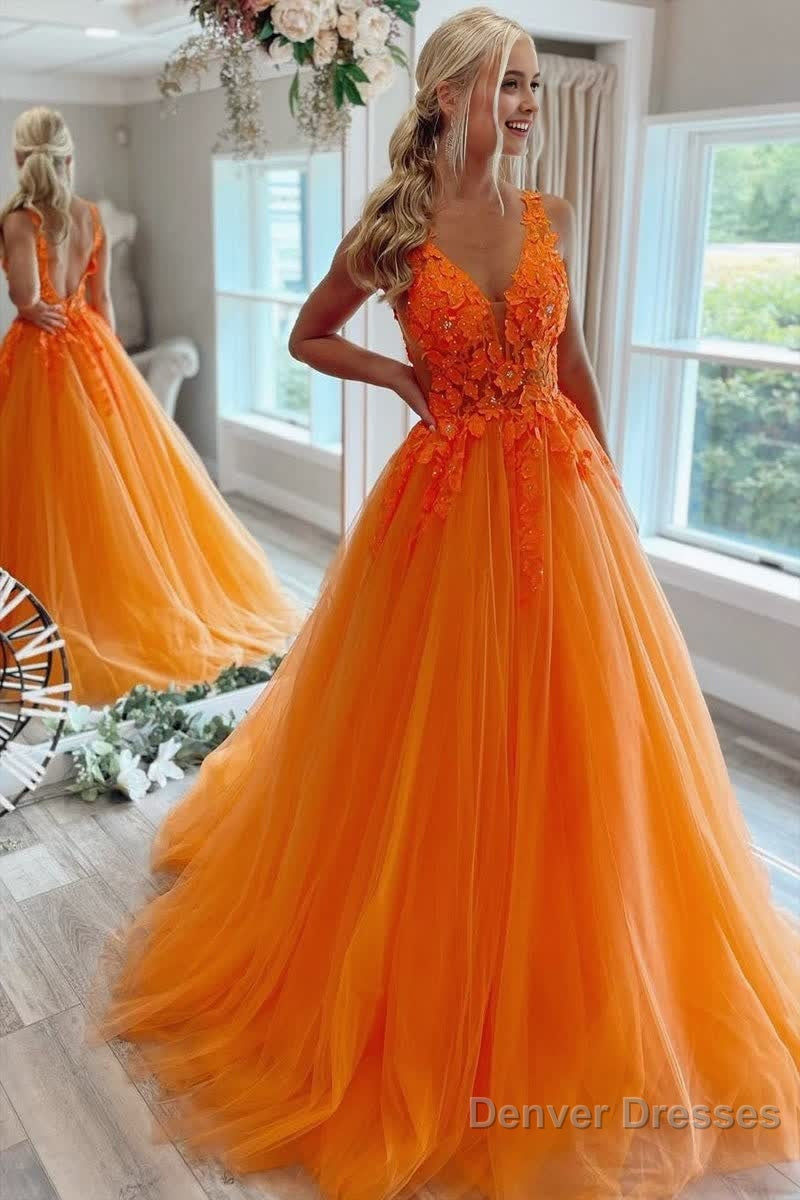 A-Line V-Neck Long Tulle Prom Dress with Appliques Main image