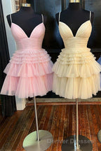 A-Line V-Neck Multi-Tiered Short Party Dress,Light Pink Cocktail Dress Short