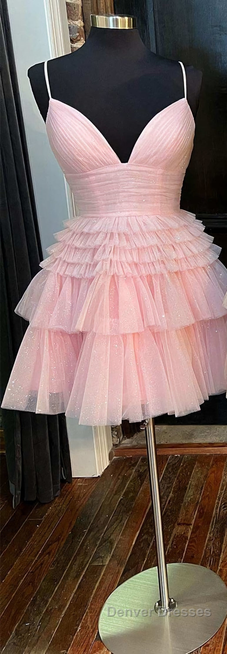 A-Line V-Neck Multi-Tiered Short Party Dress,Light Pink Cocktail Dress Short
