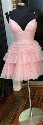 A-Line V-Neck Multi-Tiered Short Party Dress,Light Pink Cocktail Dress Short