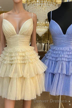 A-Line V-Neck Multi-Tiered Short Party Dress,Light Pink Cocktail Dress Short