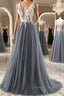 A Line V Neck Open Back Appliques Gray Long Prom Dress, V Neck Grey Formal Dress, Gray Evening Dress