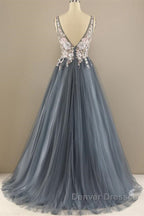 A Line V Neck Open Back Appliques Gray Long Prom Dress, V Neck Grey Formal Dress, Gray Evening Dress