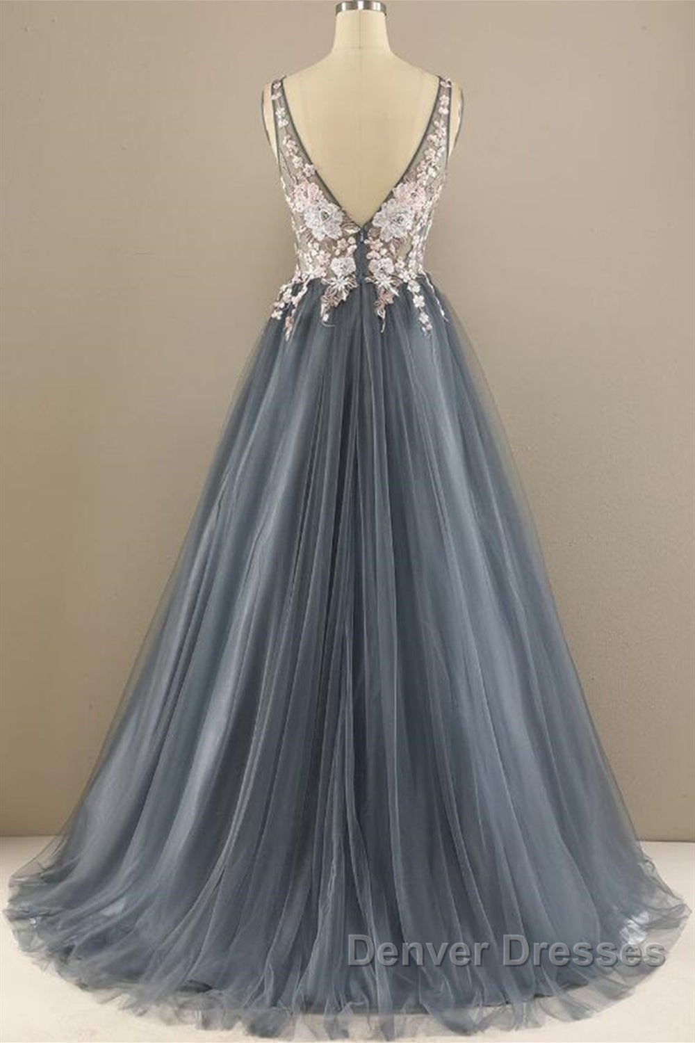 A Line V Neck Open Back Appliques Gray Long Prom Dress, V Neck Grey Formal Dress, Gray Evening Dress