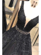 A-Line V-Neck Open Back Black Lace Long Prom Dress Evening Dress With Beading,