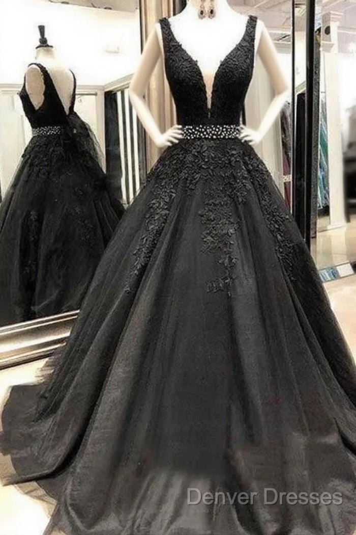 A-Line V-Neck Open Back Black Lace Long Prom Dress Evening Dress With Beading,