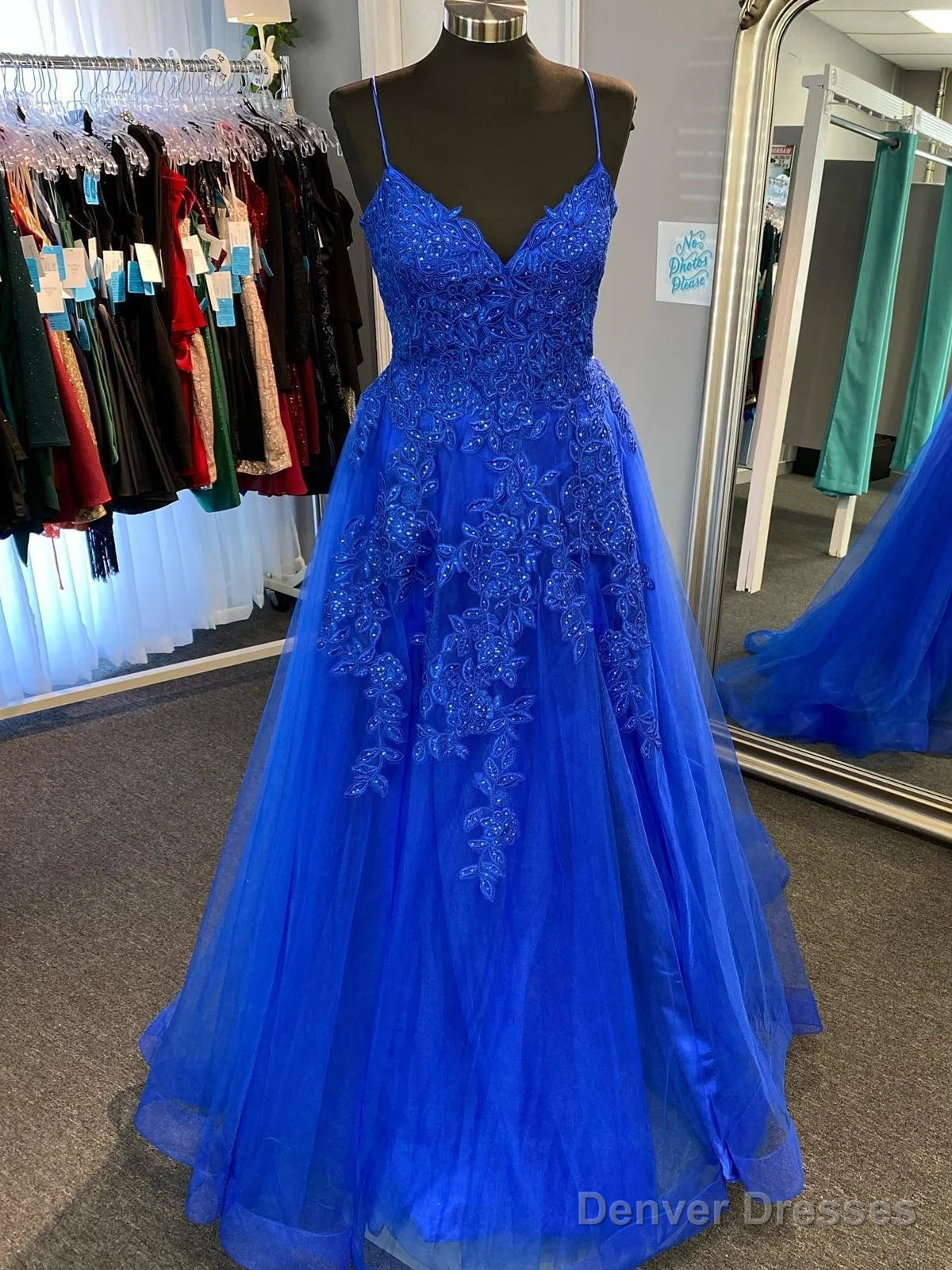 A Line V Neck Open Back Blue Lace Long Prom Dresses With Train, Blue Lace Formal Dresses, Blue Evening Dresses Main image