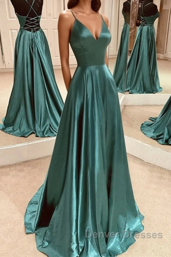 A Line V Neck Open Back Emerald Green Satin Long Prom Dress, Backless Emerald Green Formal Graduation Evening Dress Main image