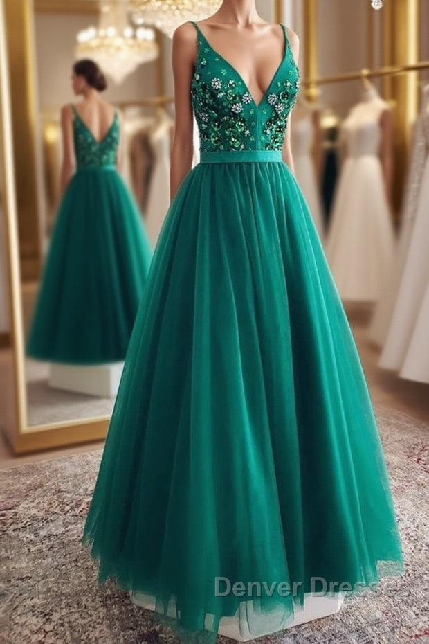 A Line V Neck Open Back Green Floral Long Prom Dress, Open Back Green Formal Evening Dress