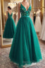 A Line V Neck Open Back Green Floral Long Prom Dress, Open Back Green Formal Evening Dress