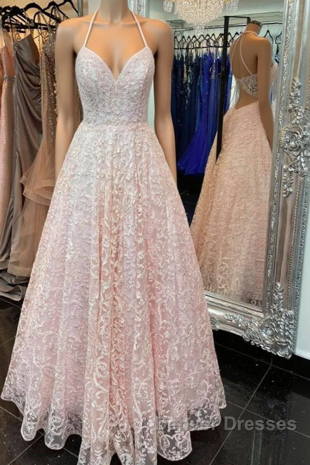 A Line V Neck Open Back Pink Lace Long Prom Dress, Pink Lace Formal Graduation Evening Dress