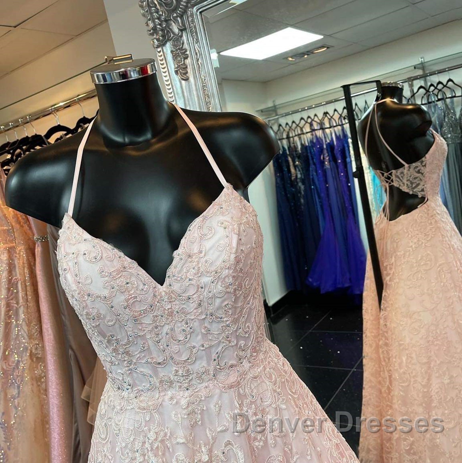A Line V Neck Open Back Pink Lace Long Prom Dress, Pink Lace Formal Graduation Evening Dress Secondary image