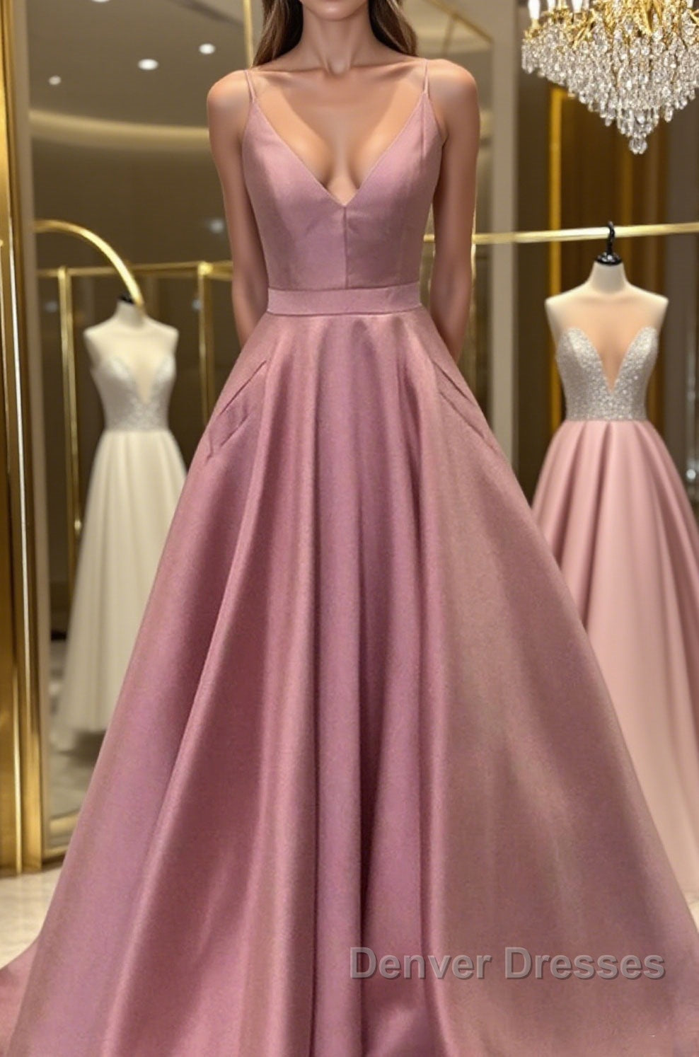 A Line V Neck Open Back Pink Satin Long Prom Dress, Open Back Pink Formal Graduation Evening Dress Main image