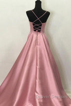 A Line V Neck Open Back Pink Satin Long Prom Dress, Open Back Pink Formal Graduation Evening Dress
