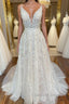 A Line V Neck Open Back White Lace Long Prom Dress, V Neck White Lace Formal Dress, White Lace Evening Dress