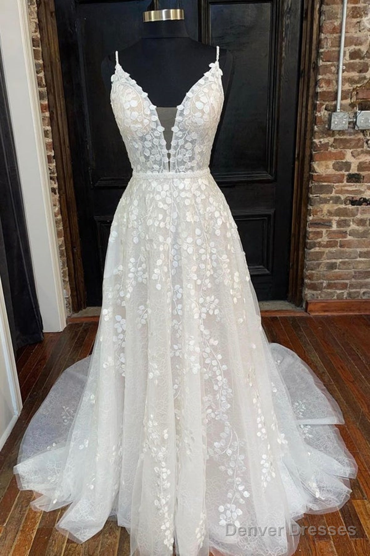 A Line V Neck Open Back White Lace Long Prom Dress, V Neck White Lace Formal Dress, White Lace Evening Dress A1502 Main image