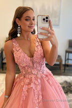 A Line V Neck Orange Prom Dress with Appliques