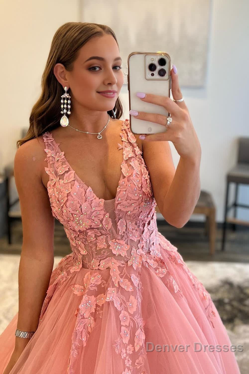 A Line V Neck Orange Prom Dress with Appliques